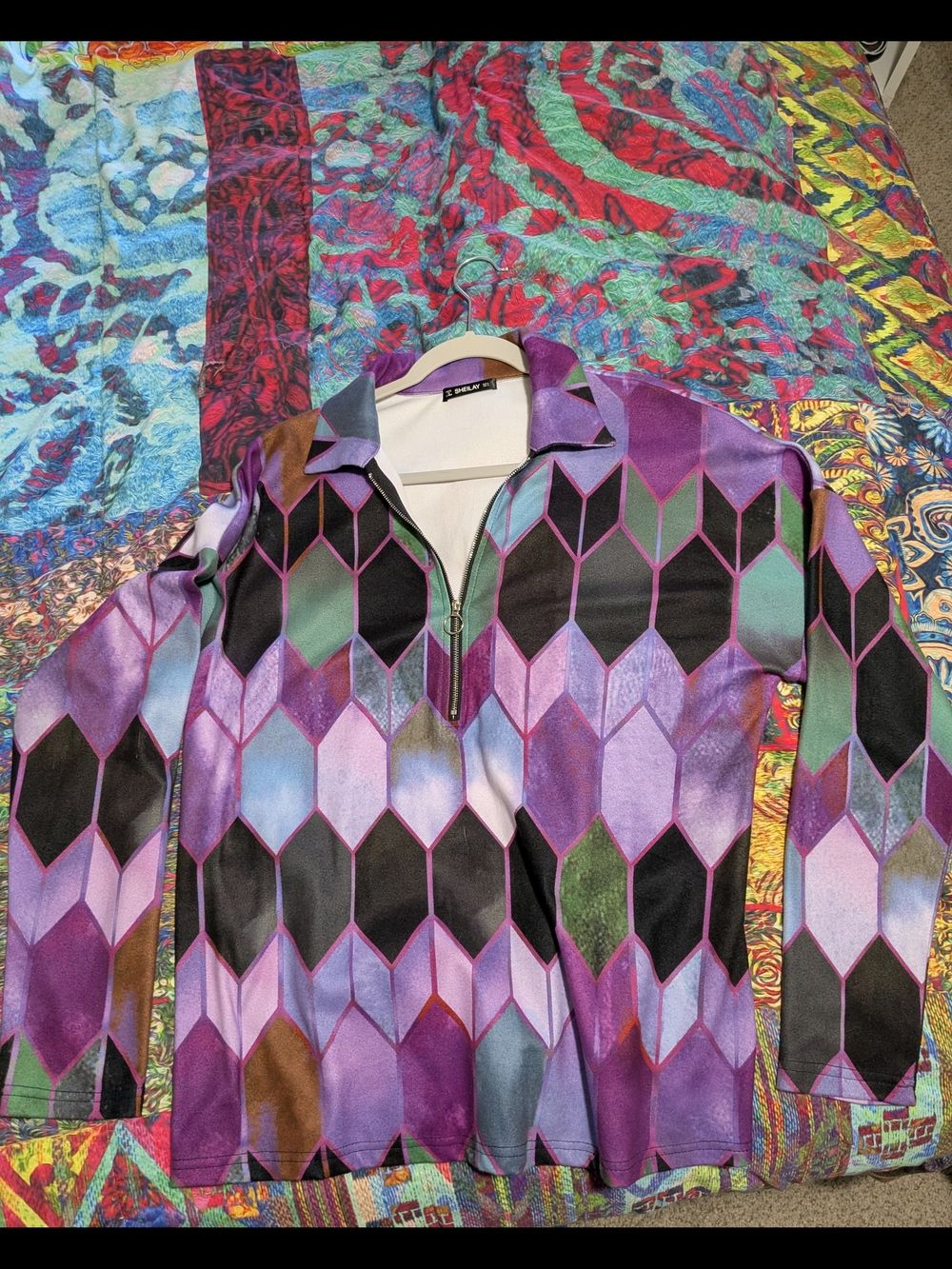 Women's Purple Geometric Zip-Front Long Sleeve Top